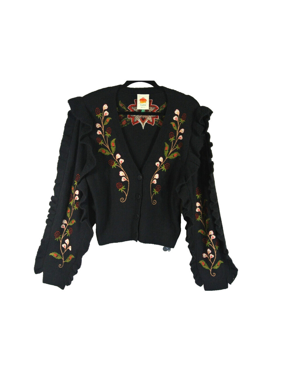 NEW, Farm Rio Berry Embroidered Ruffle Cardigan in Black Sz M #T4052 - Picture 6 of 10